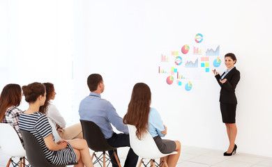 Business trainer giving presentation to group of people