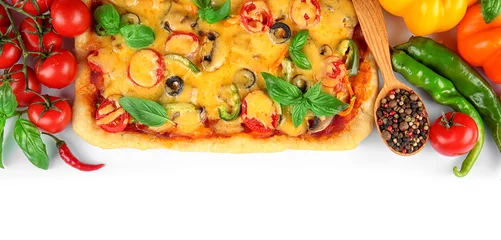 Foto op Canvas Delicious pizza with ingredients on white background © Africa Studio