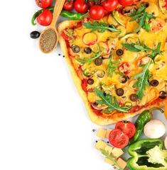 Deurstickers Heerlijke pizza met ingrediënten op witte achtergrond © Africa Studio