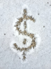 Drawing symbol of money of USA (dollar) on the snow background