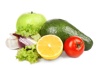 Group of fresh vegetables and fruits on white background