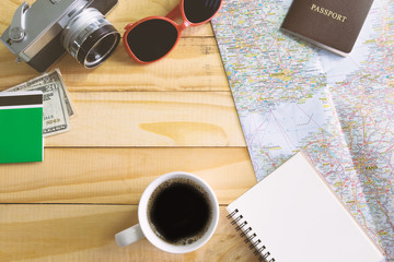 Passport and tourist accesories on the map of Europe, travel con