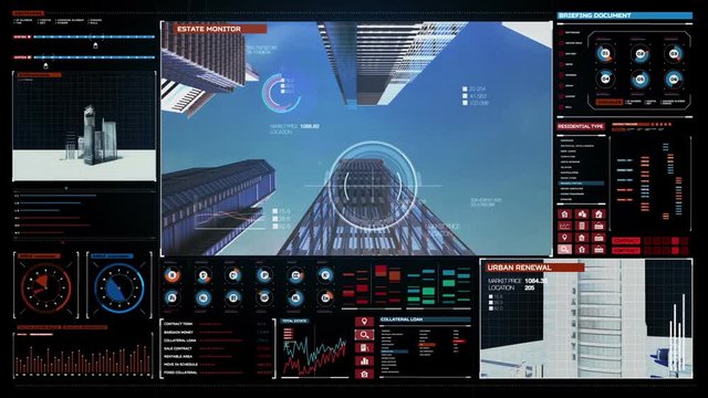 Panning camera, Making steel frame and construction technology building in digital display dashboard. Low view