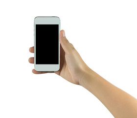 Hand holding white mobile phone isolated on white background
