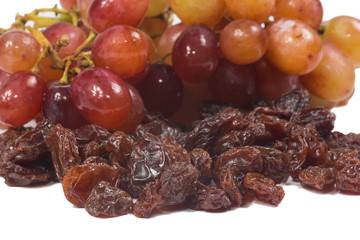 Dried raisins and grape on a white background
