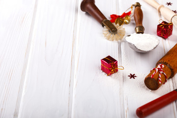 Ingredients for Cooking Christmas Baking.Concept  Festive Background. Flour.Top view, copy space.selective focus