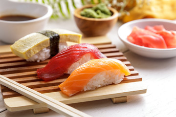 japanese food salmon nigiri, tuna nigiri, and tamago nigiri sush