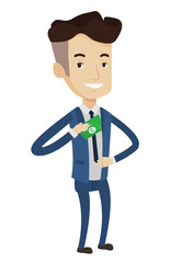 Businessman putting money bribe in pocket.