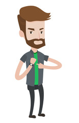 Angry employer pointing at wrist watch.