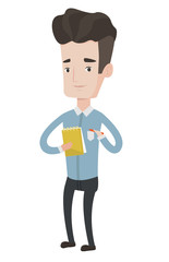 Journalist writing in notebook with pencil.