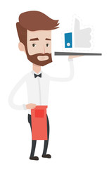 Waiter with like button vector illustration.