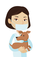 Veterinarian with dog in hands vector illustration