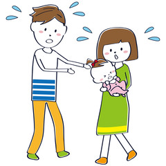 赤ちゃんが泣いて困っている夫婦 おかっぱママ