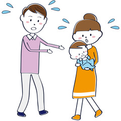 赤ちゃんが泣いて困っている夫婦　纏め髪ママ