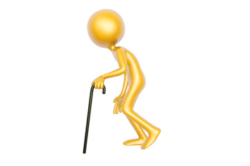 golden old guy with walking stick isolated on white background 3d illustration