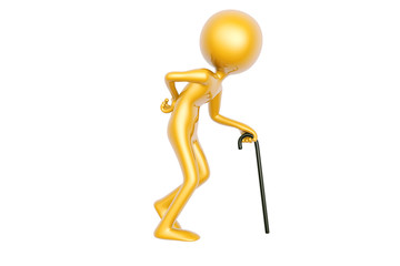 golden old guy with walking stick isolated on white background 3d illustration
