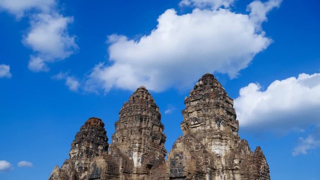 4k Time-lapse day of Phra Prang Sam Yot temple, ancient architecture in Lopburi, Thailand