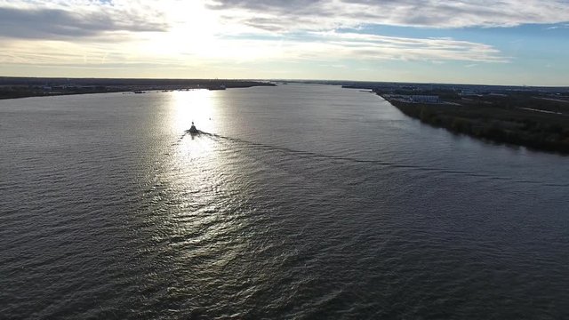 Aerial Footage of Tugboat on Delaware River Philadelphia PA