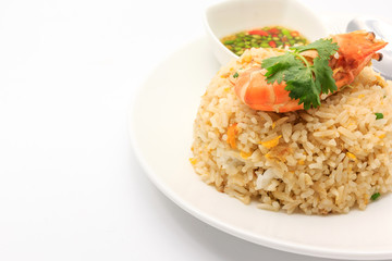 Fried rice with crab and shrimp isolated on awhite background with copy space and text, Fried rice thai style Asia Thailand