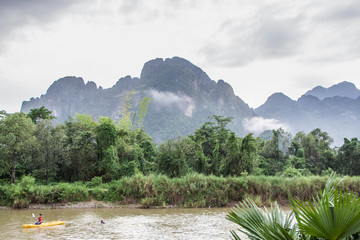 Mountain River boat tree Vangvieng, Laos