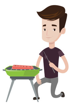 Man cooking meat on barbecue vector illustration.