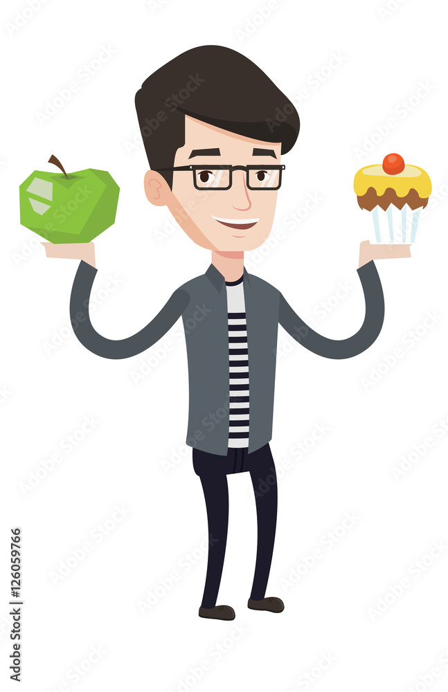 Sticker man choosing between apple and cupcake.