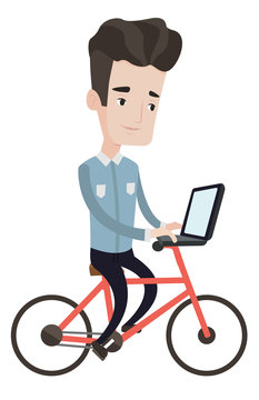 Man riding bicycle with laptop vector illustration