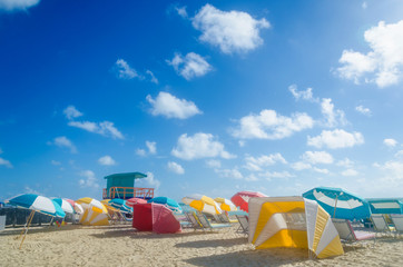 Beach umbrellas at morning Miami beach