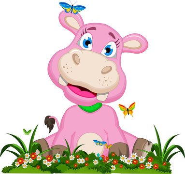 funny hippo cartoon with flower garden