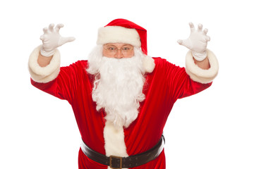 Shocked Santa Claus raising his hands scares, isolated on white background Christmas