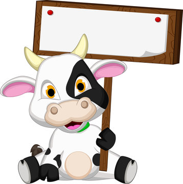 cute cow cartoon holding blank sign