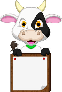 cute cow cartoon posing with blank sign