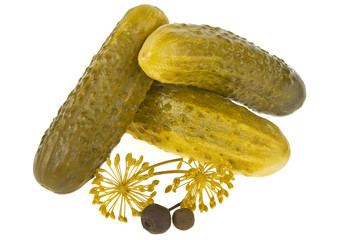 Marinated pickled cucumbers isolated on white background