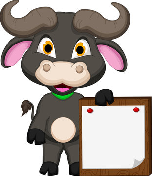 cute buffalo cartoon with blank board for you design