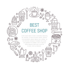 Coffee shop poster template. Vector line illustration of coffeemaking equipment. Elements - espresso cup, french press, croissant, hot drinks, cupcake, coffee grinder. Cafe, bar banner design