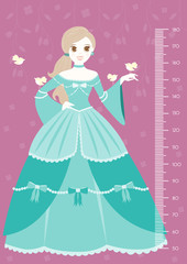 Fototapeta premium Beautiful princess keeping bird with meter wall or height meter from 50 to 180 centimeter,Vector illustrations