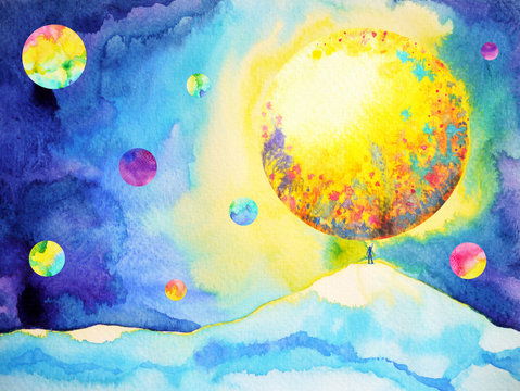 small man hands up catching, reaching big moon, watercolor painting