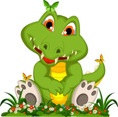 Naklejka premium funny crocodile cartoon with flower garden