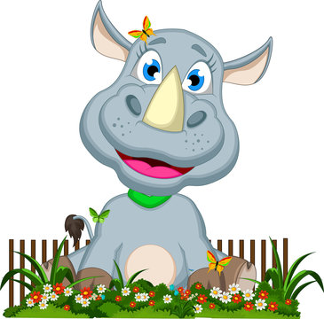 funny rhino cartoon with flower background