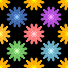 Bright colored flowers. Colored stars. Seamless pattern. Black background.