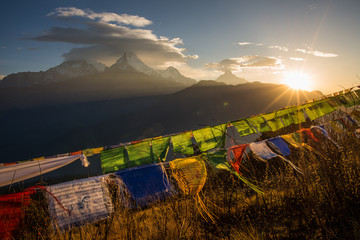 Spectacular landscape of Annapurna mountains range view from top of Poon Hill. - obrazy, fototapety, plakaty