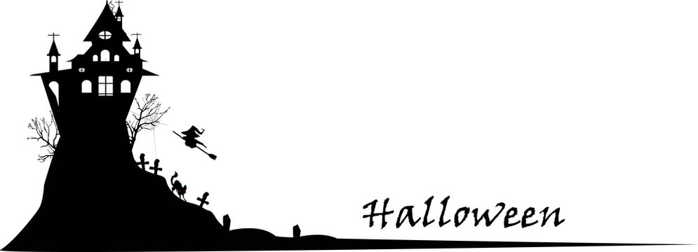  silhouette Spooky castle Halloween on white background