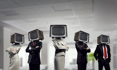 People with TV instead of head . Mixed media