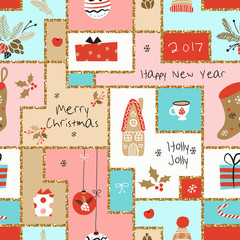 Christmas seamless pattern with different signs on Christmas and New Year: wreath, cake, gingerbread house, mittens, toys, gifts and socks. Background, backdrop, texture, textile 