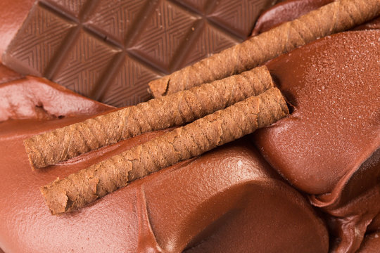 Chocolate ice cream macro detailed texture.
