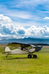 Wall murals Old airplane Retro plane landed on meadow in mountains