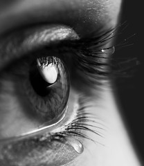 Tears on eyes. Open expressive look eyes with teardrop on the eyelashes macro close-up black and...
