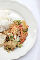 Stir-fried Soft-shelled seafood in curry powder & Thai jasmine rice