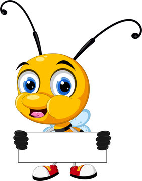 funny cartoon bee with blank sign