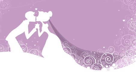 wedding card with bride and groom silhouette background